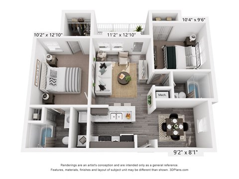 Floor plan for 2 beds, 2 baths, 1003 sqft